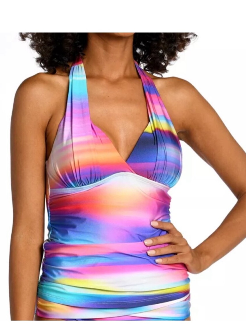 NWT La Blanca Colorful Sunset Shores Halter Ruched Tankini Top Size 14